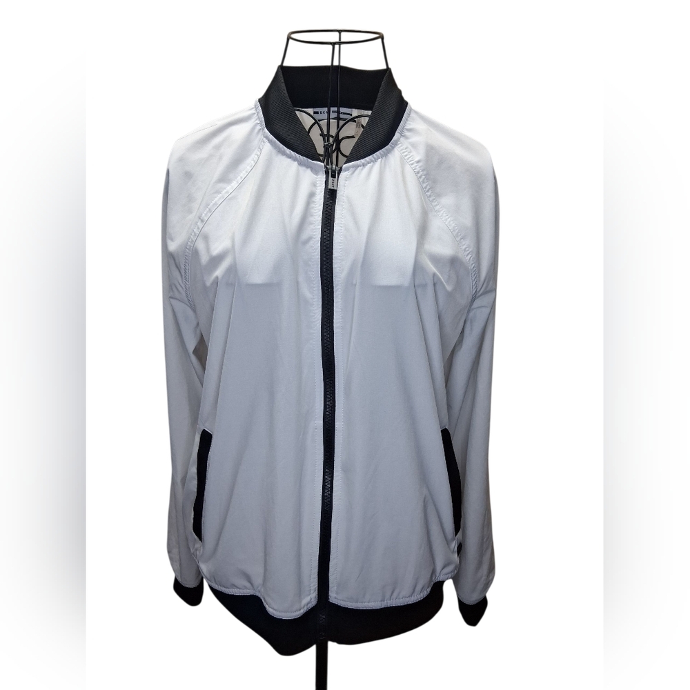 NWOT DKNY Sport Women's S Logo Bomber Jacket Ribbed Cuffs Hem Cream Black